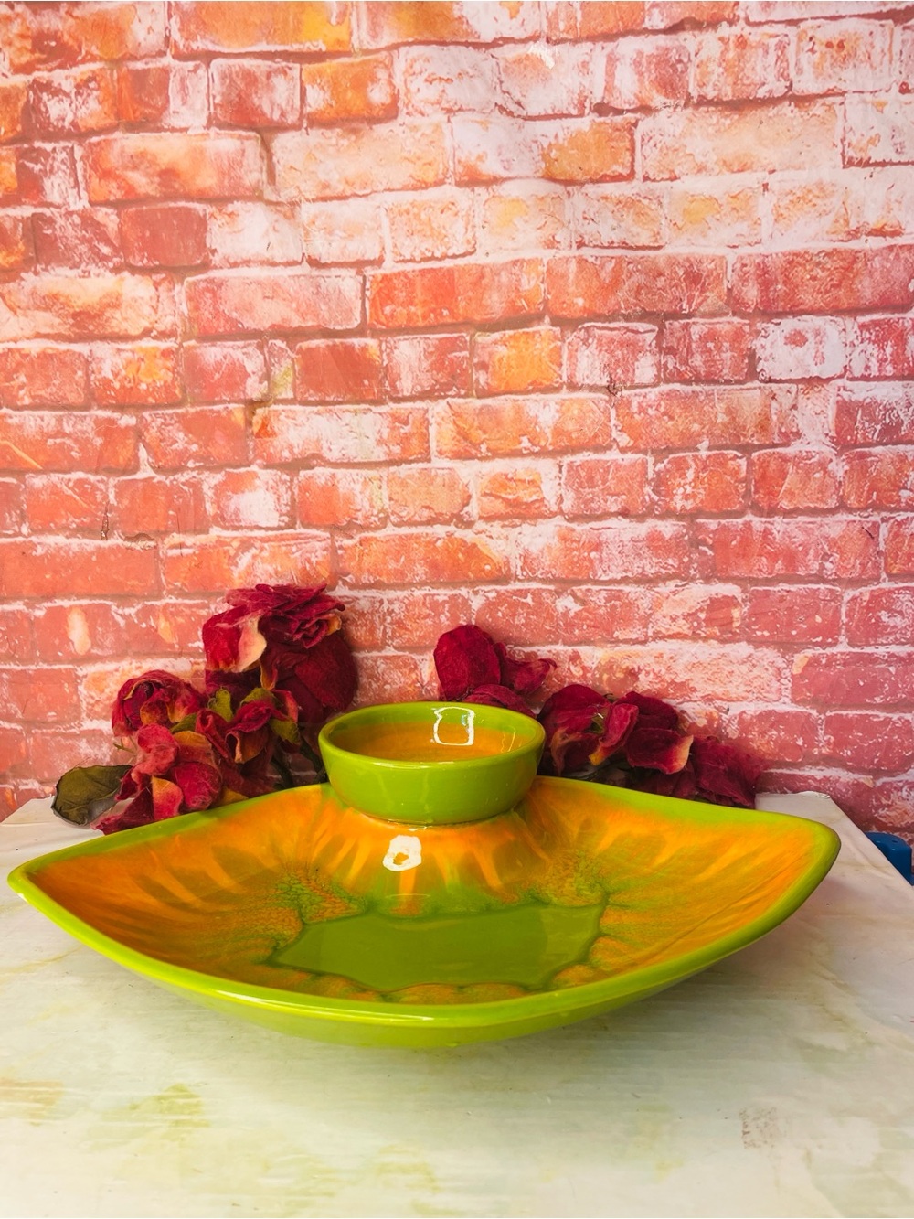 Vintage MCM California Pottery Green and Orange  Chip and Dip Set